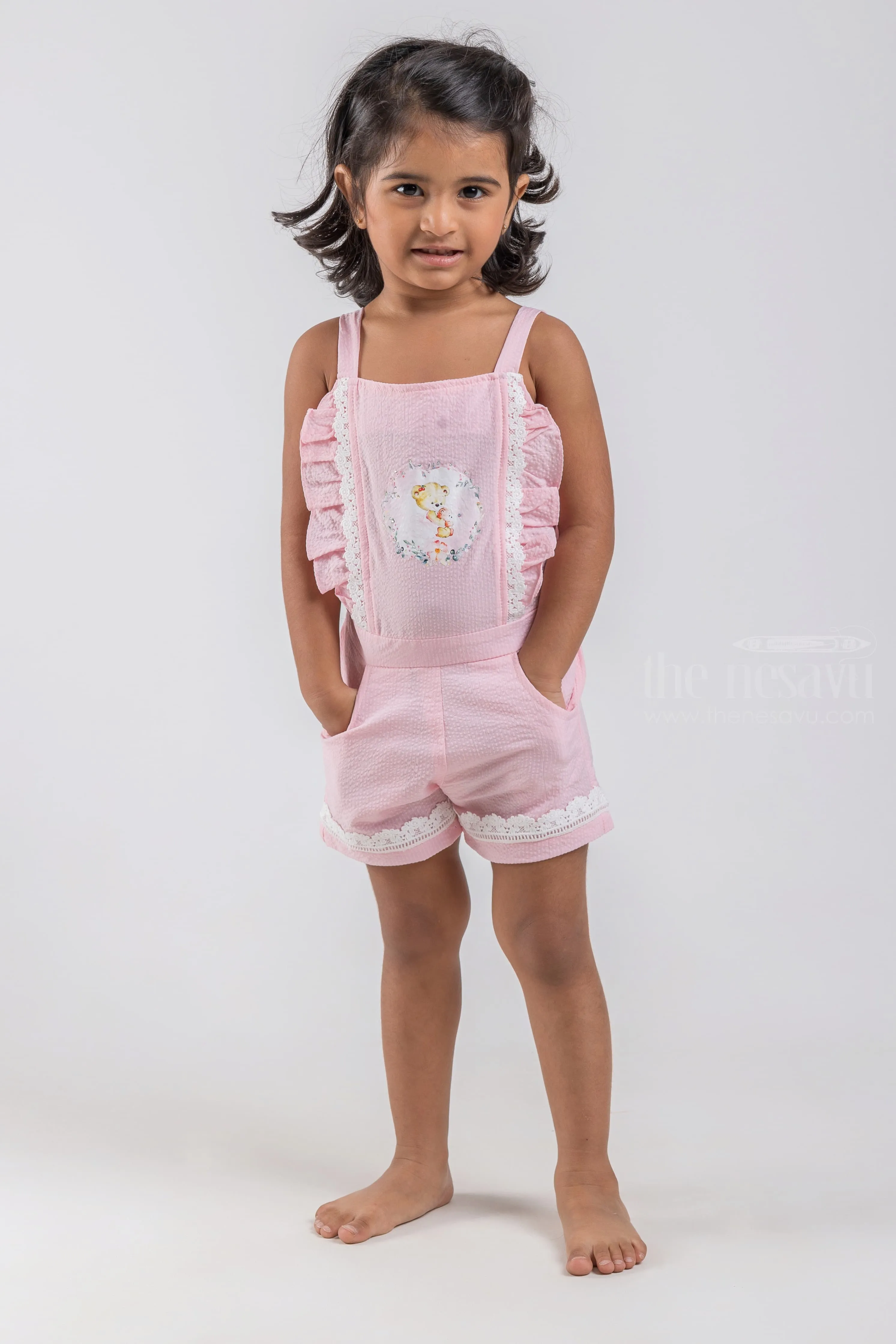 Cute Teddy Bear Printed Sleeveless Pink Top and Pink Trouser Set for Baby Girls