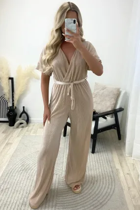 Danica Beige Tie Belt Wrap Plisse Wide Leg Jumpsuit