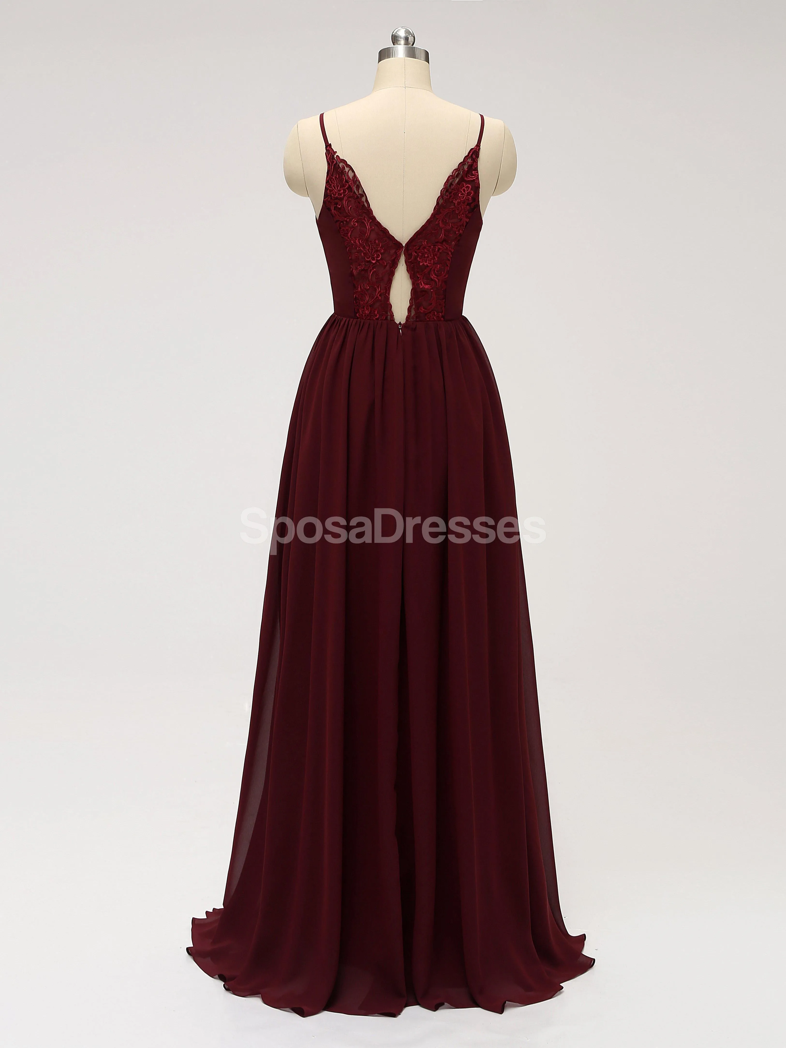 Dark Red Spaghetti Straps Chiffon Open Back Cheap Bridesmaid Dresses, WG584