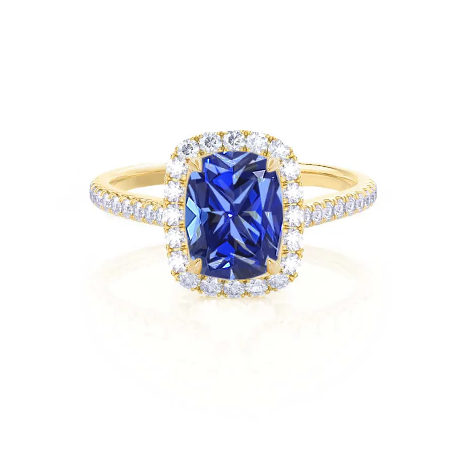 DARLEY - Chatham® Blue Sapphire Elongated Cushion Micro Pavé 18k Yellow Gold Halo