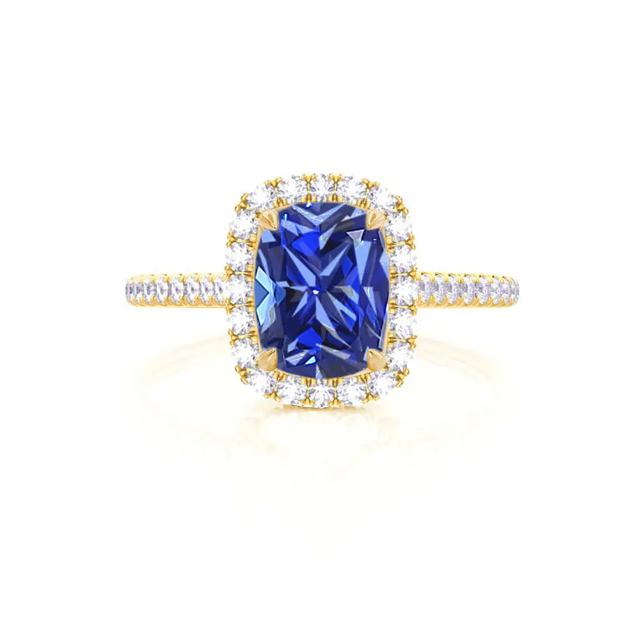 DARLEY - Chatham® Blue Sapphire Elongated Cushion Micro Pavé 18k Yellow Gold Halo