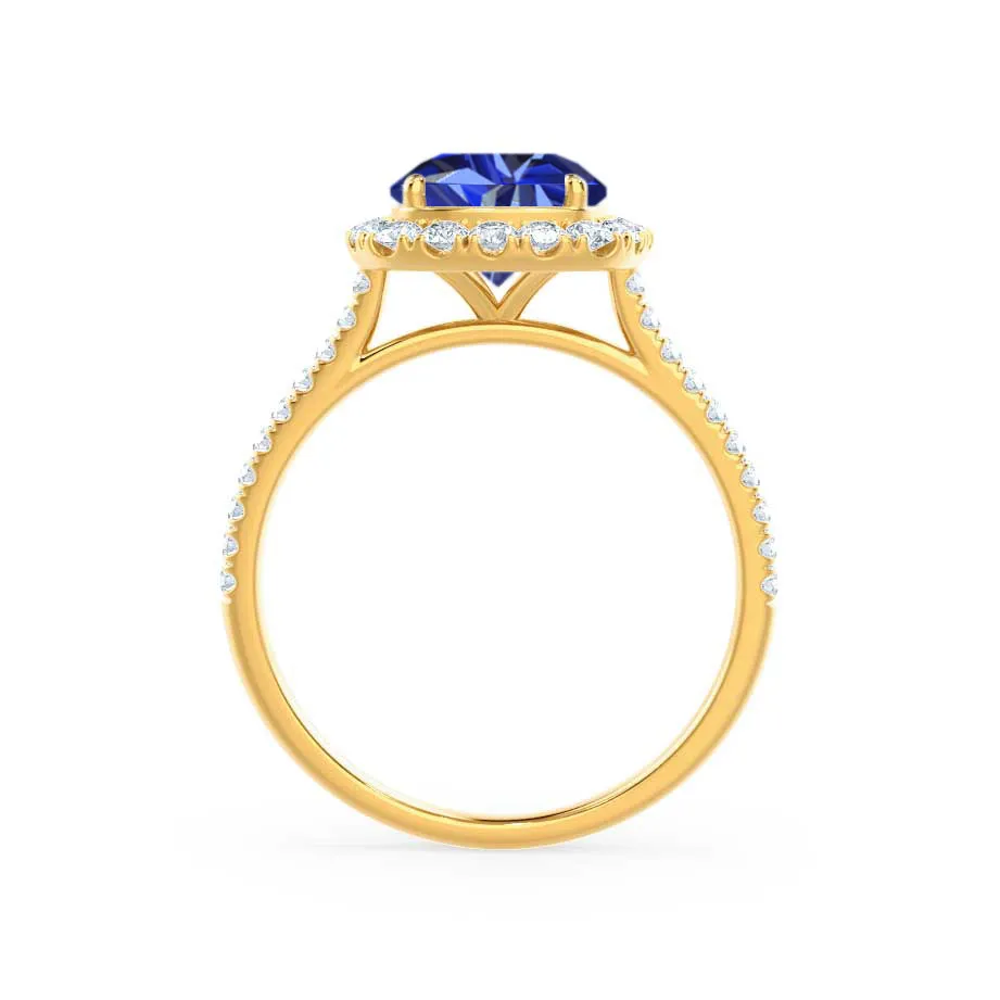 DARLEY - Chatham® Blue Sapphire Elongated Cushion Micro Pavé 18k Yellow Gold Halo