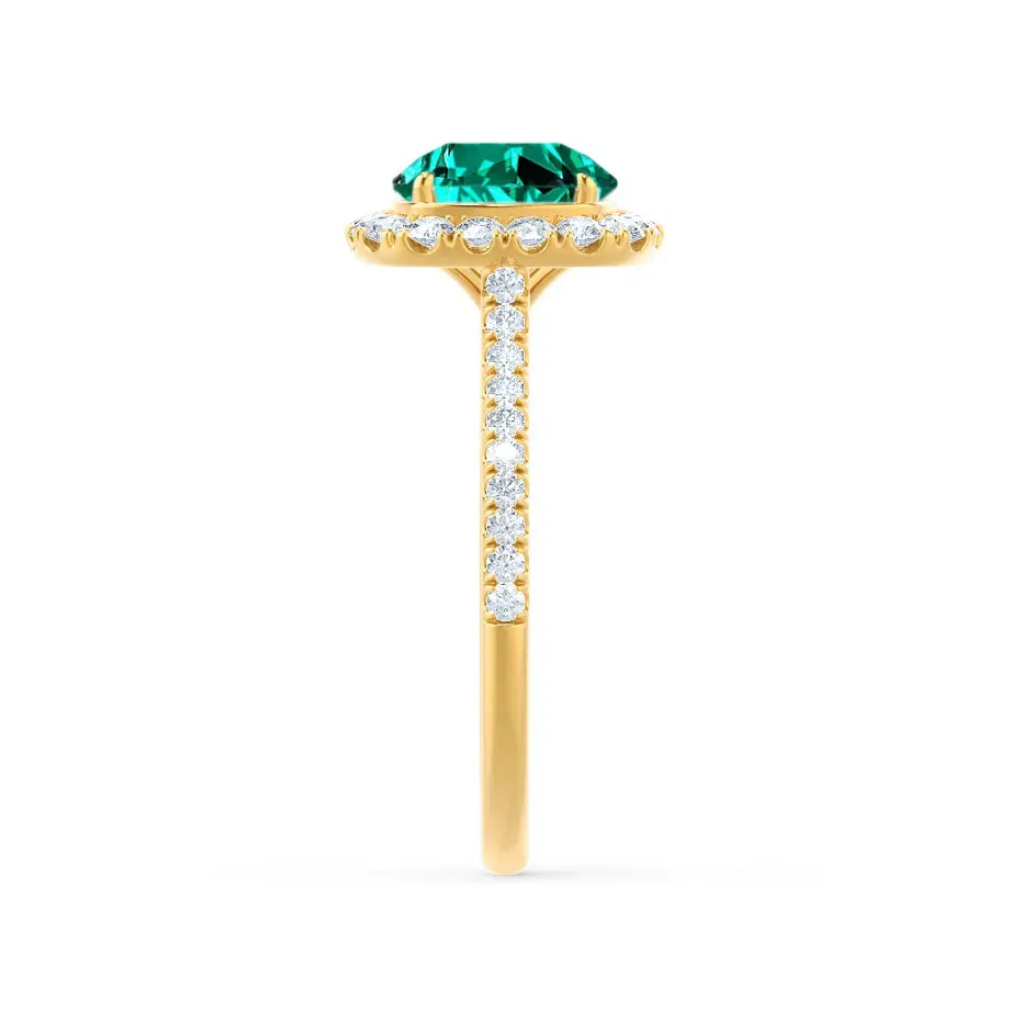 DARLEY - Chatham® Emerald Elongated Cushion Micro Pavé 18k Yellow Gold Halo