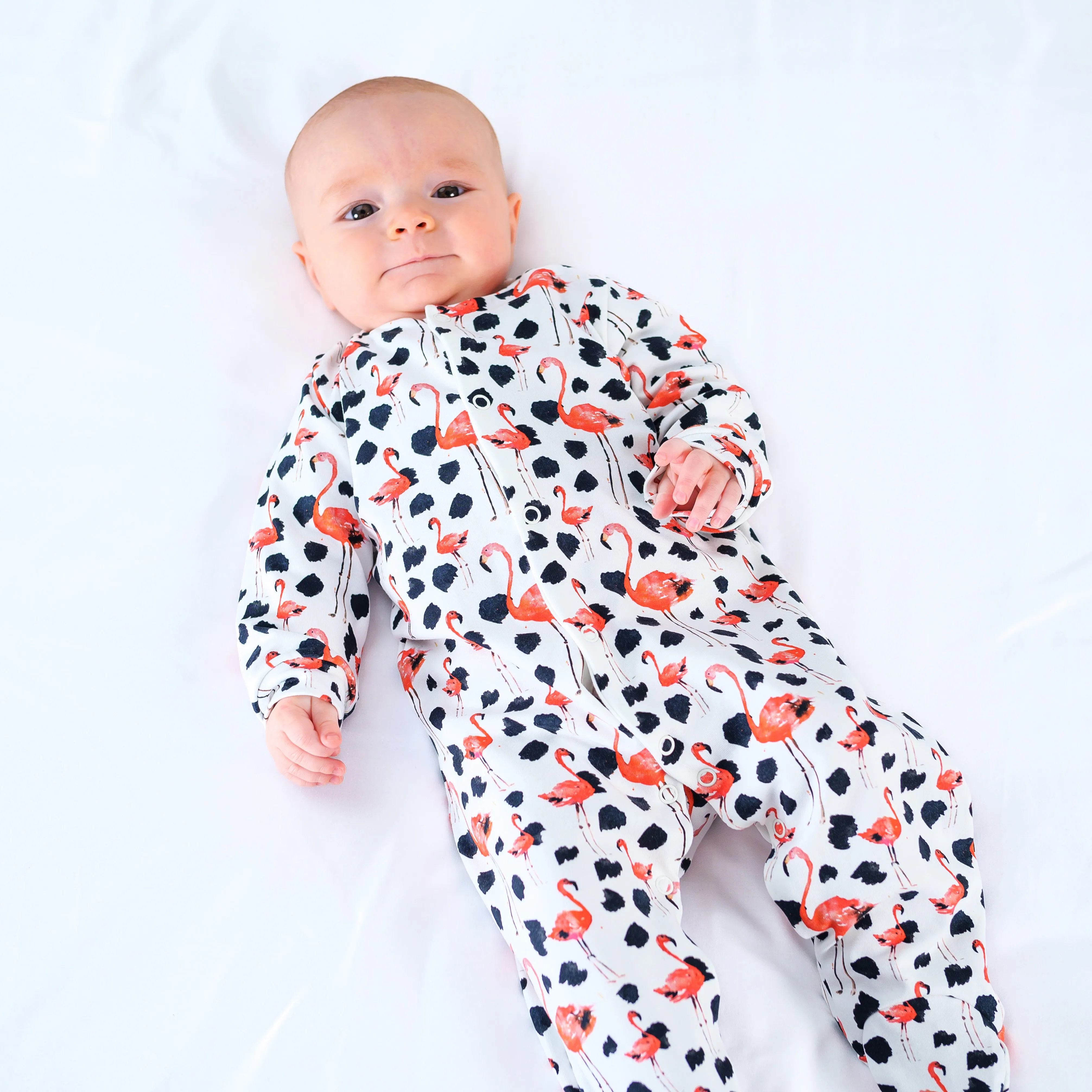 Dotty Flamingo print sleepsuit