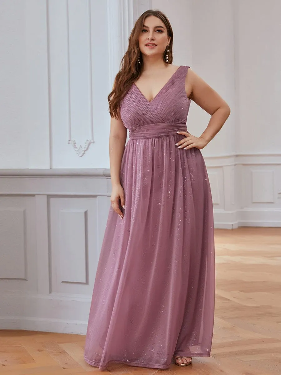 Double V Neck Maxi Long Plus Size Sparkly Evening Dresses for Party