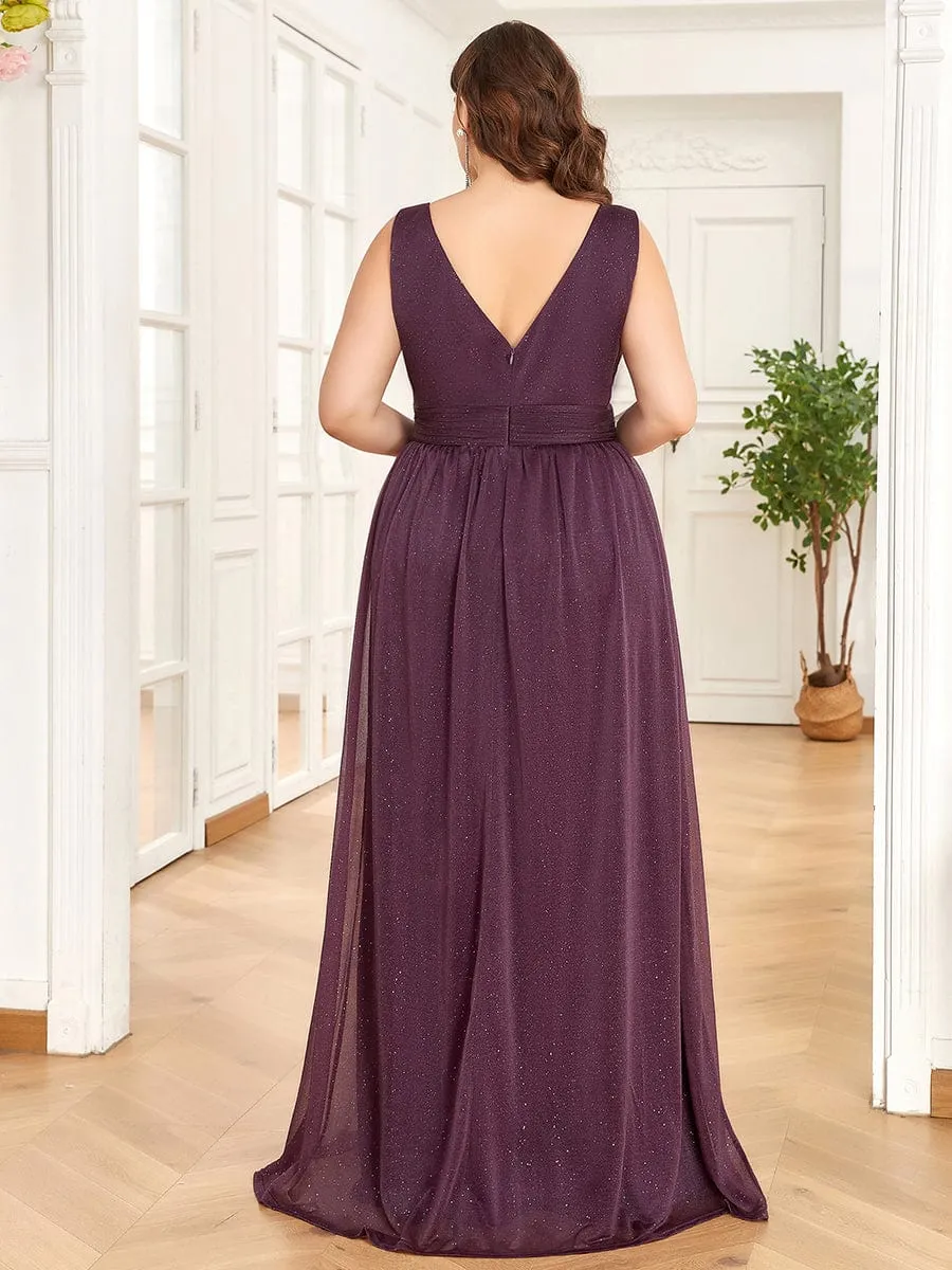 Double V Neck Maxi Long Plus Size Sparkly Evening Dresses for Party