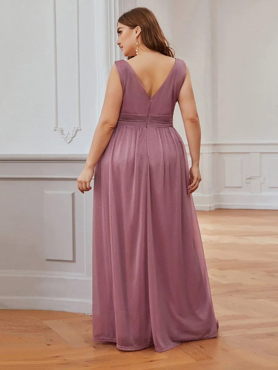 Double V Neck Maxi Long Plus Size Sparkly Evening Dresses for Party