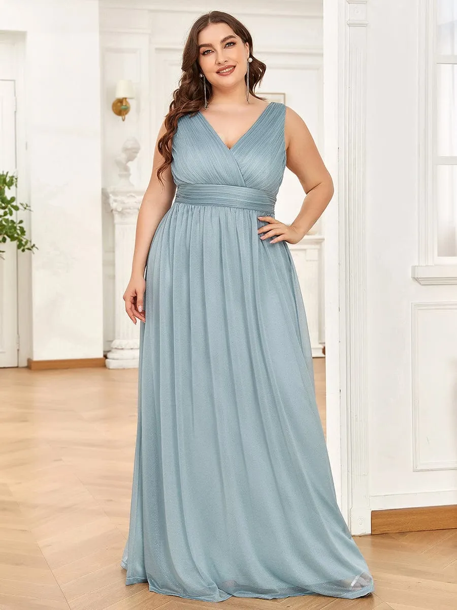 Double V Neck Maxi Long Plus Size Sparkly Evening Dresses for Party