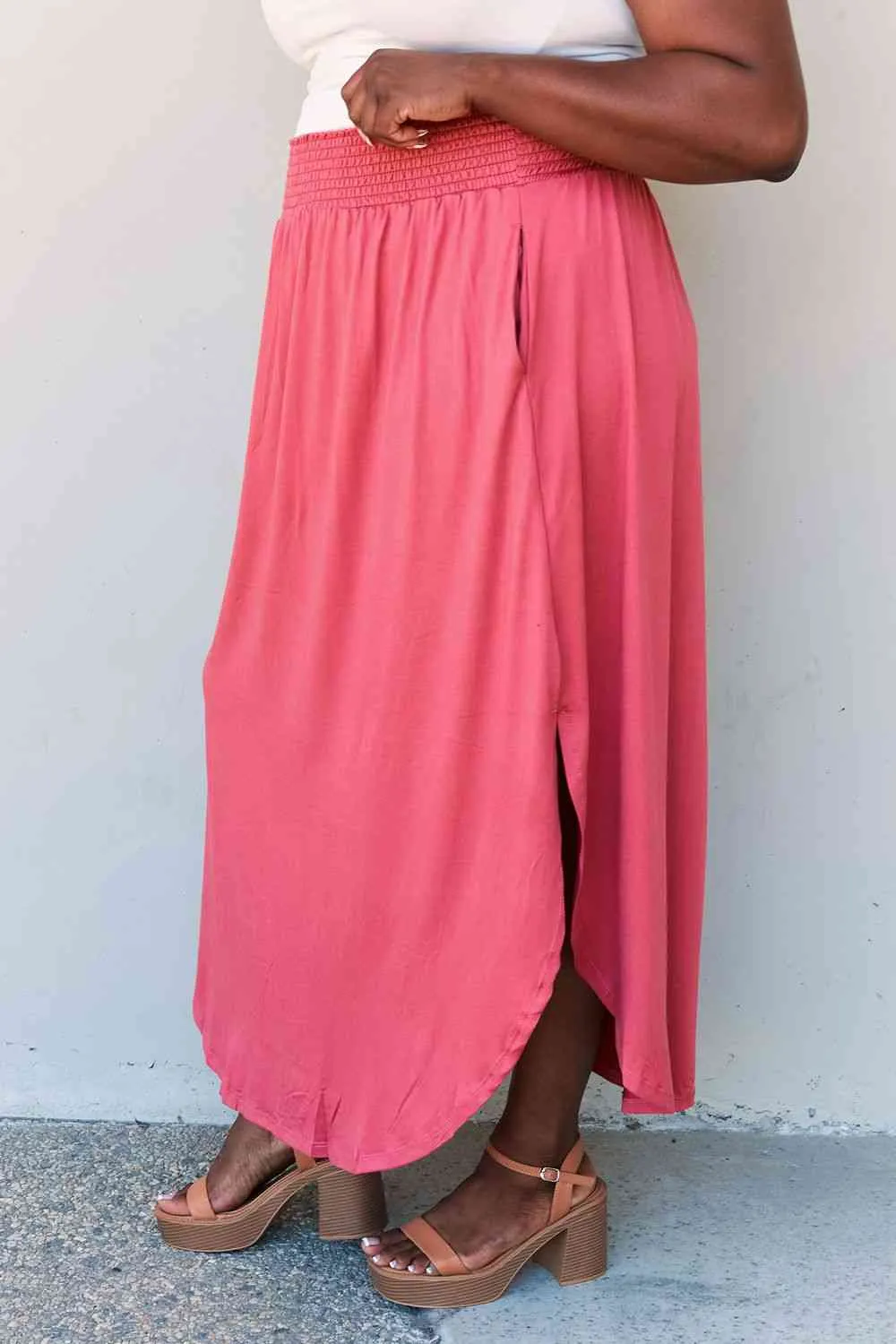 Doublju Comfort Princess Full Size High Waist Scoop Hem Maxi Skirt in Hot Pink