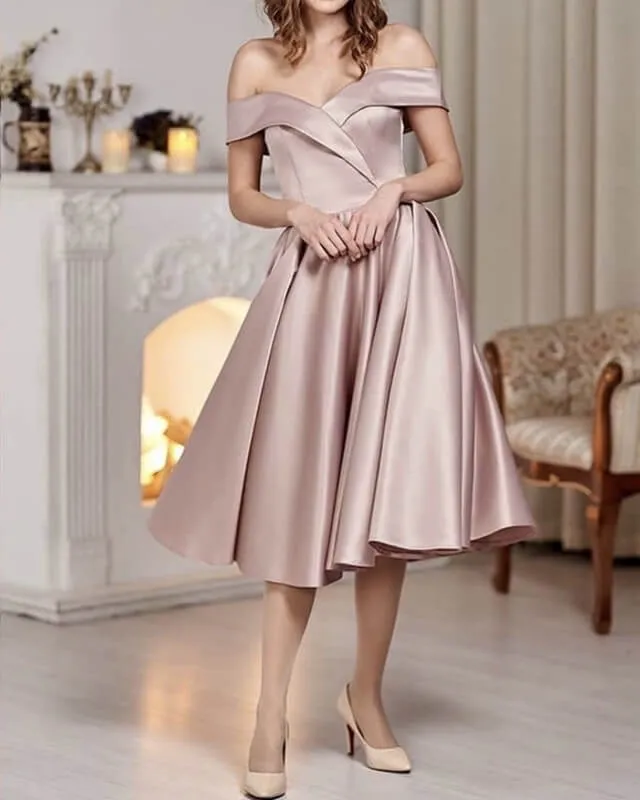 Dusty Pink Satin Tea Length Dress