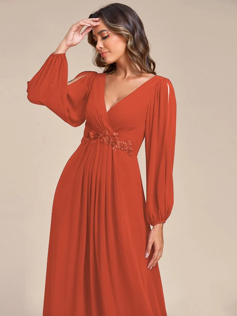 Elegant Chiffon V-Neckline Long Sleeve Formal Evening Dress