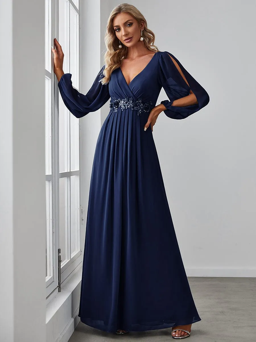 Elegant Chiffon V-Neckline Long Sleeve Formal Evening Dress