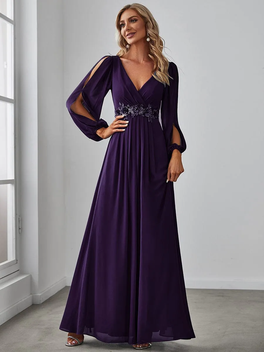 Elegant Chiffon V-Neckline Long Sleeve Formal Evening Dress