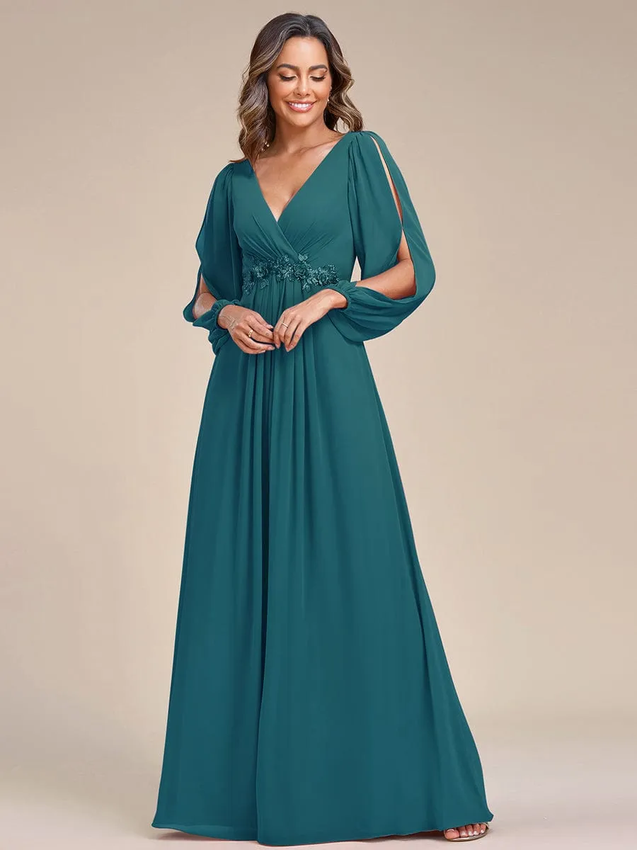 Elegant Chiffon V-Neckline Long Sleeve Formal Evening Dress