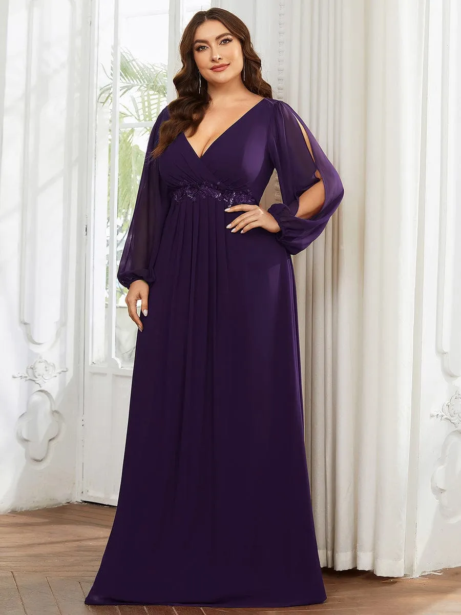 Elegant Chiffon V-Neckline Long Sleeve Formal Evening Dress