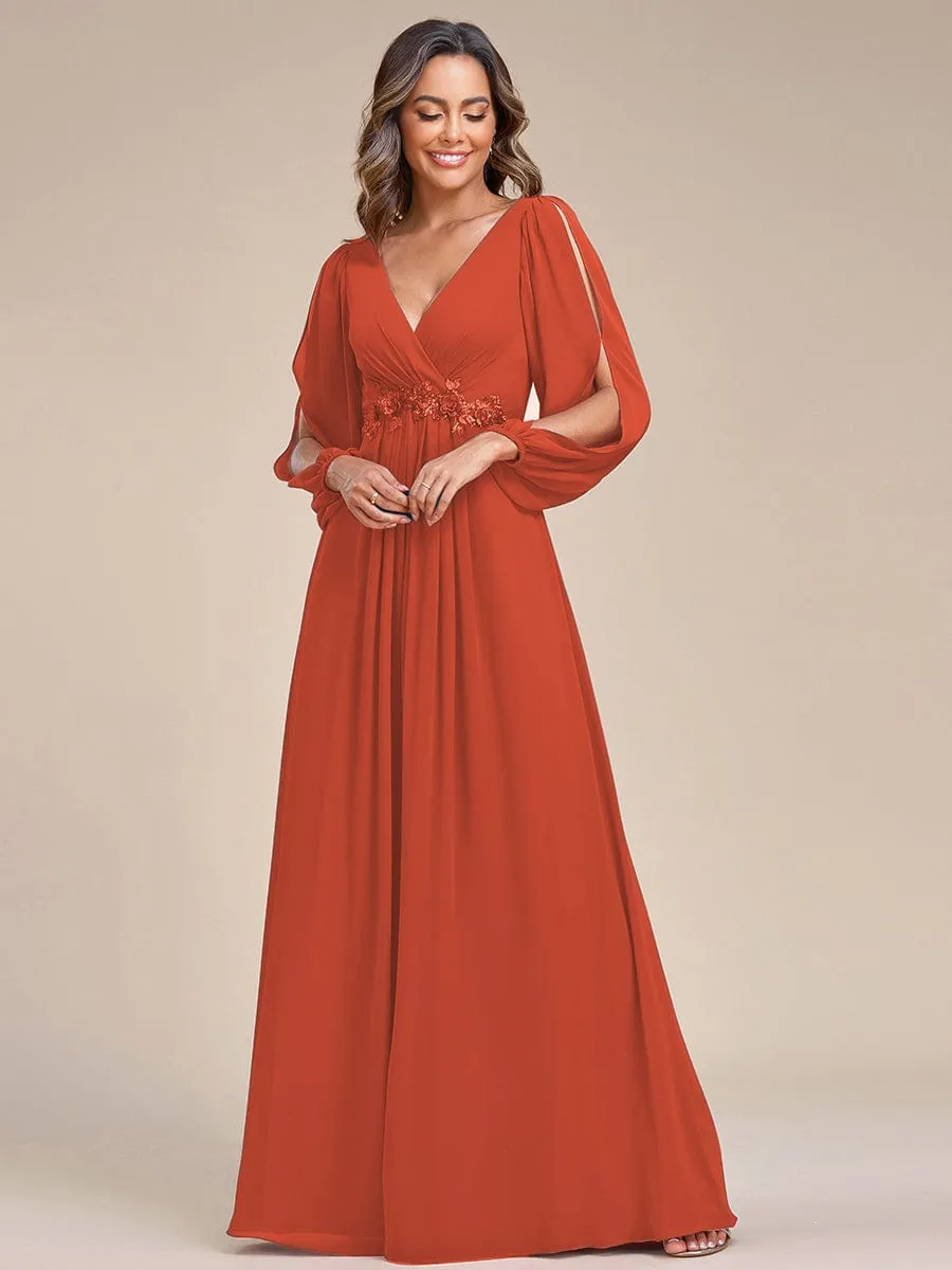 Elegant Chiffon V-Neckline Long Sleeve Formal Evening Dress