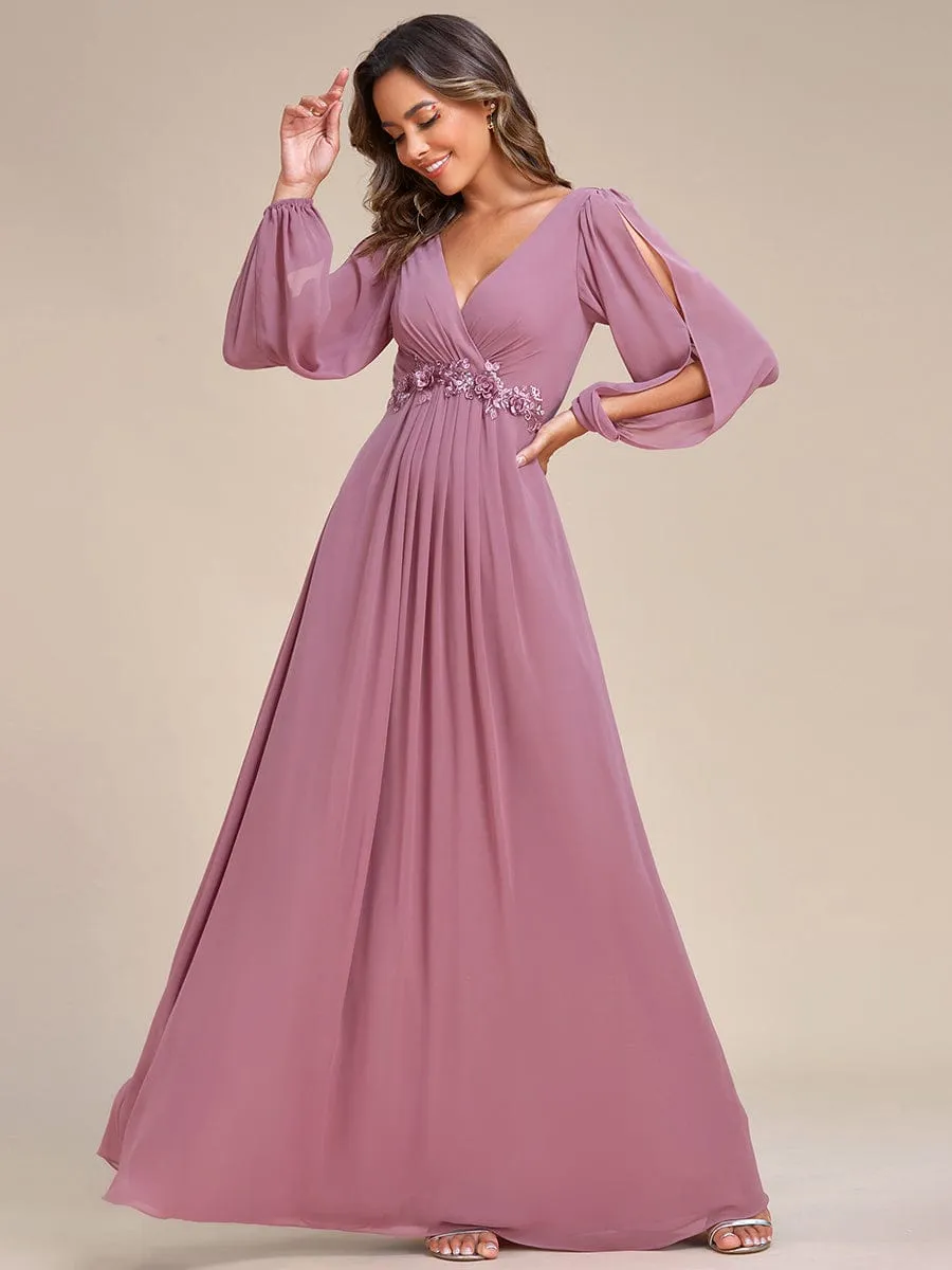 Elegant Chiffon V-Neckline Long Sleeve Formal Evening Dress