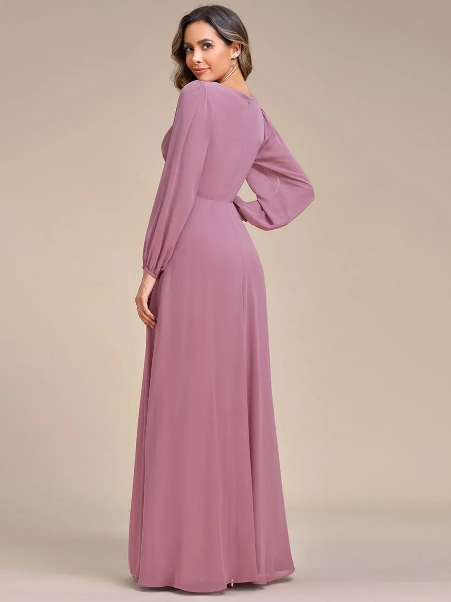 Elegant Chiffon V-Neckline Long Sleeve Formal Evening Dress