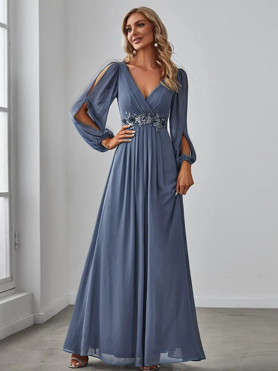 Elegant Chiffon V-Neckline Long Sleeve Formal Evening Dress