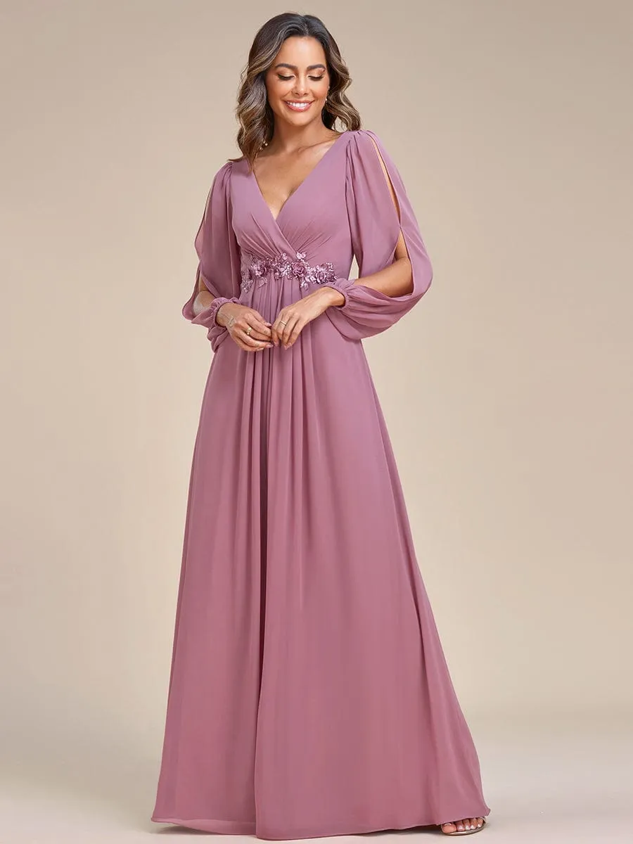 Elegant Chiffon V-Neckline Long Sleeve Formal Evening Dress