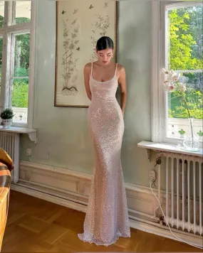 Elegant Mermaid Sequin  Pink Prom Dress Long Brithday Evening Dress SH1215