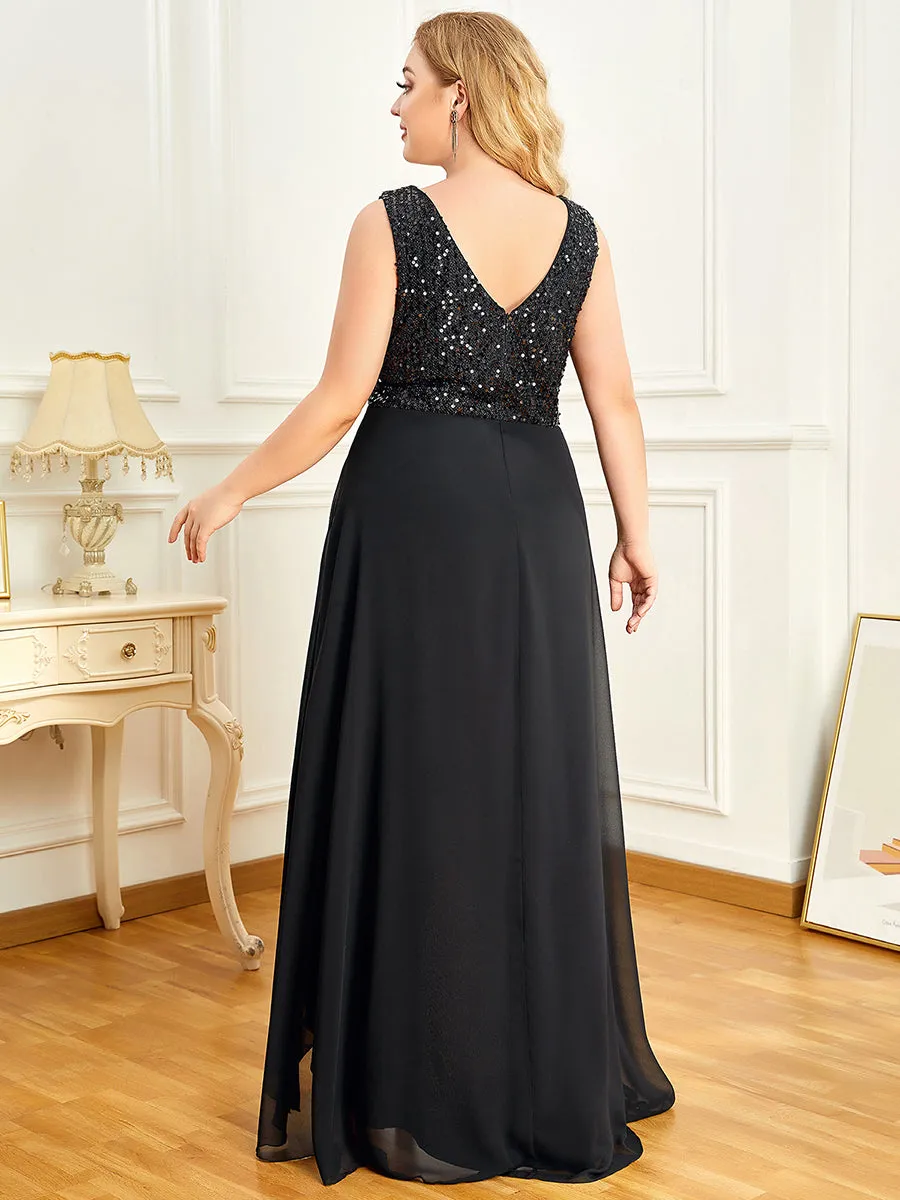 Elegant Paillette & Chiffon V-neck Sleeveless Plus Size Wholesale Evening Dresses