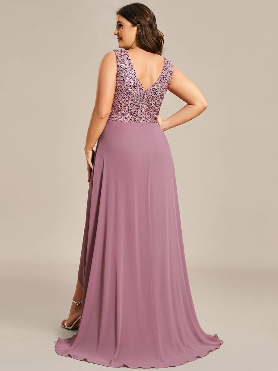 Elegant Paillette & Chiffon V-neck Sleeveless Plus Size Wholesale Evening Dresses