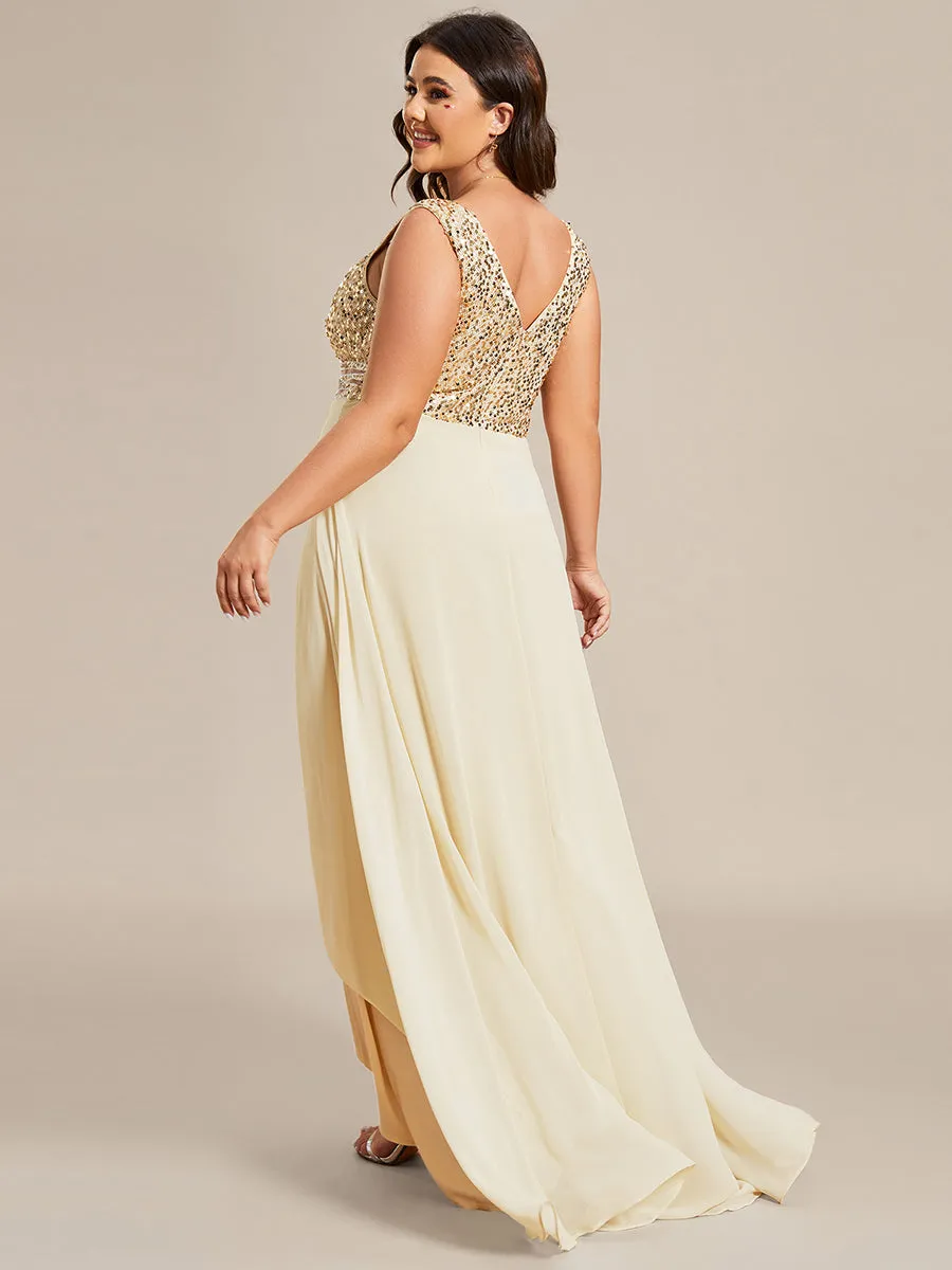 Elegant Paillette & Chiffon V-neck Sleeveless Plus Size Wholesale Evening Dresses