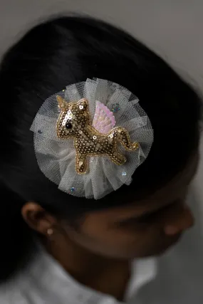 Enchanted Gold Sequin Unicorn Hair Clip with Sparkling Tulle Detail