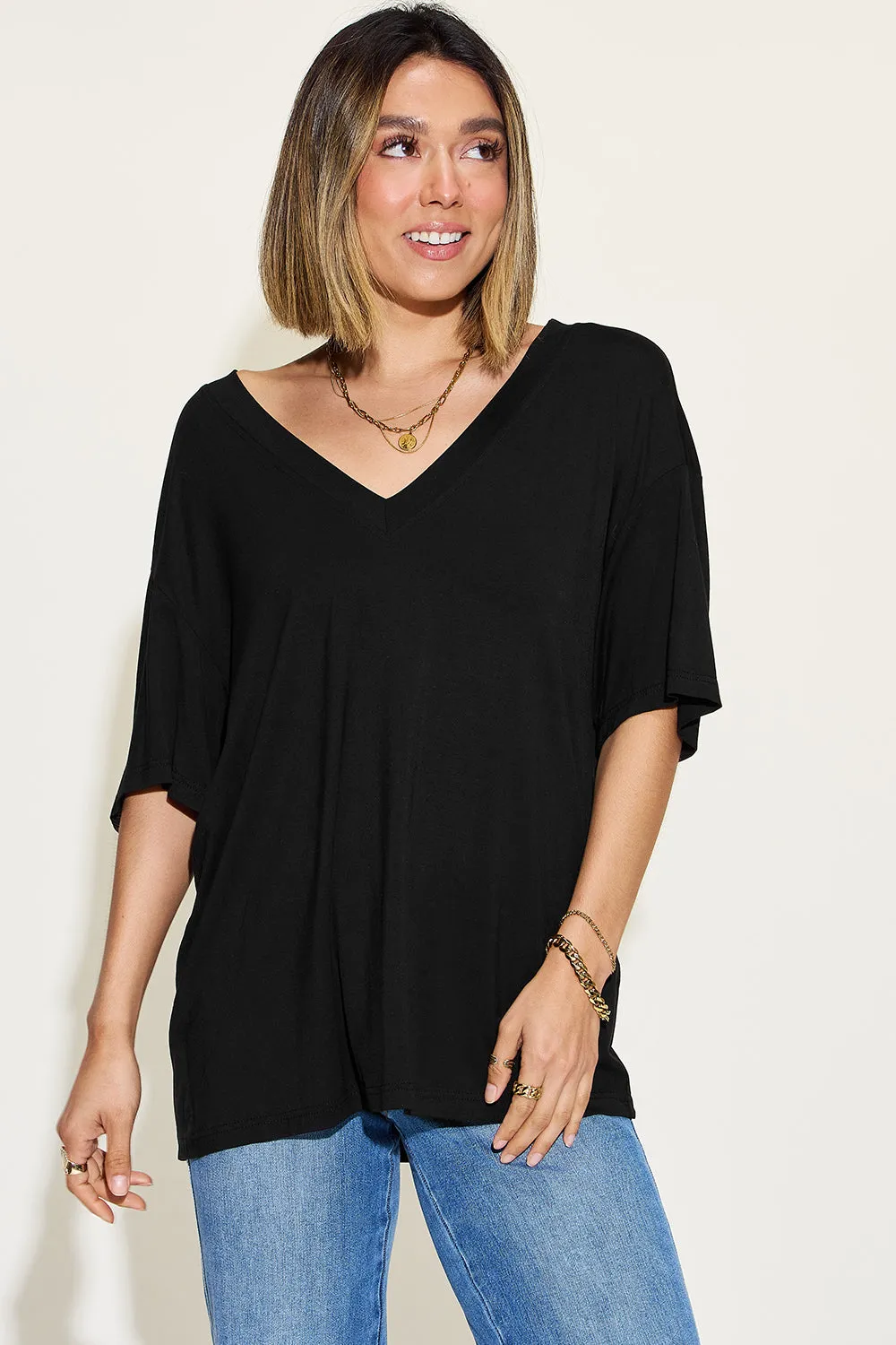 Explore More Collection - Basic Bae Full Size Bamboo V-Neck Drop Shoulder T-Shirt