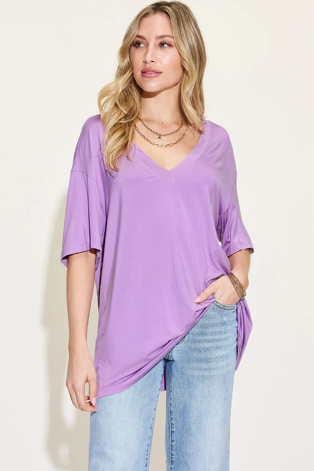 Explore More Collection - Basic Bae Full Size Bamboo V-Neck Drop Shoulder T-Shirt