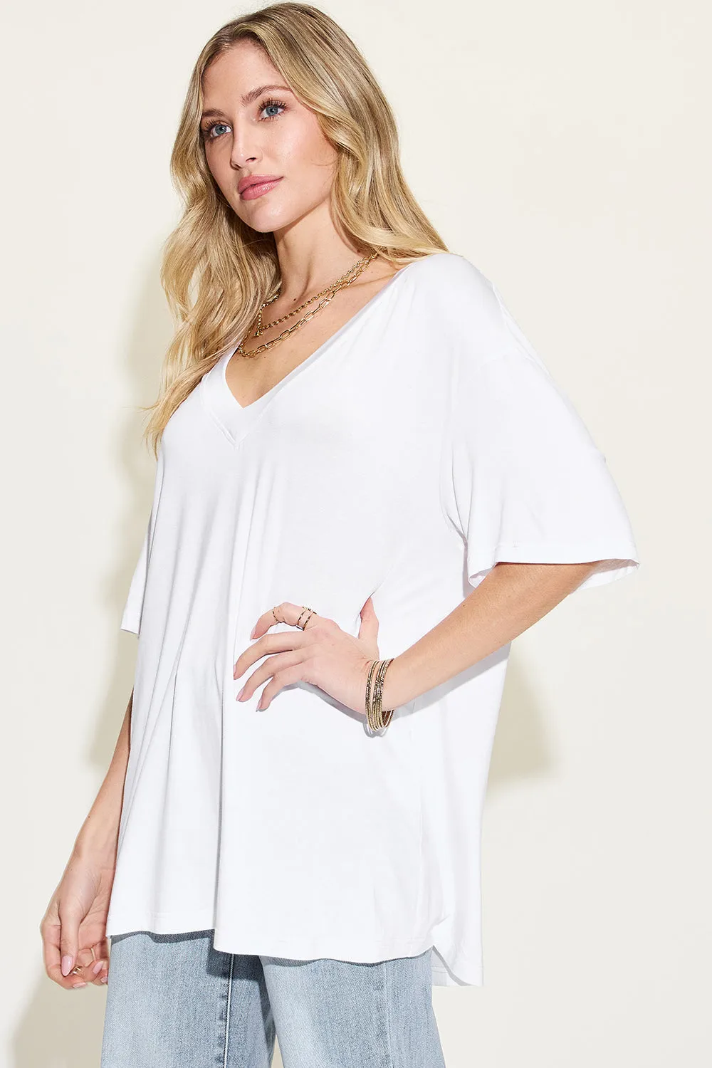 Explore More Collection - Basic Bae Full Size Bamboo V-Neck Drop Shoulder T-Shirt