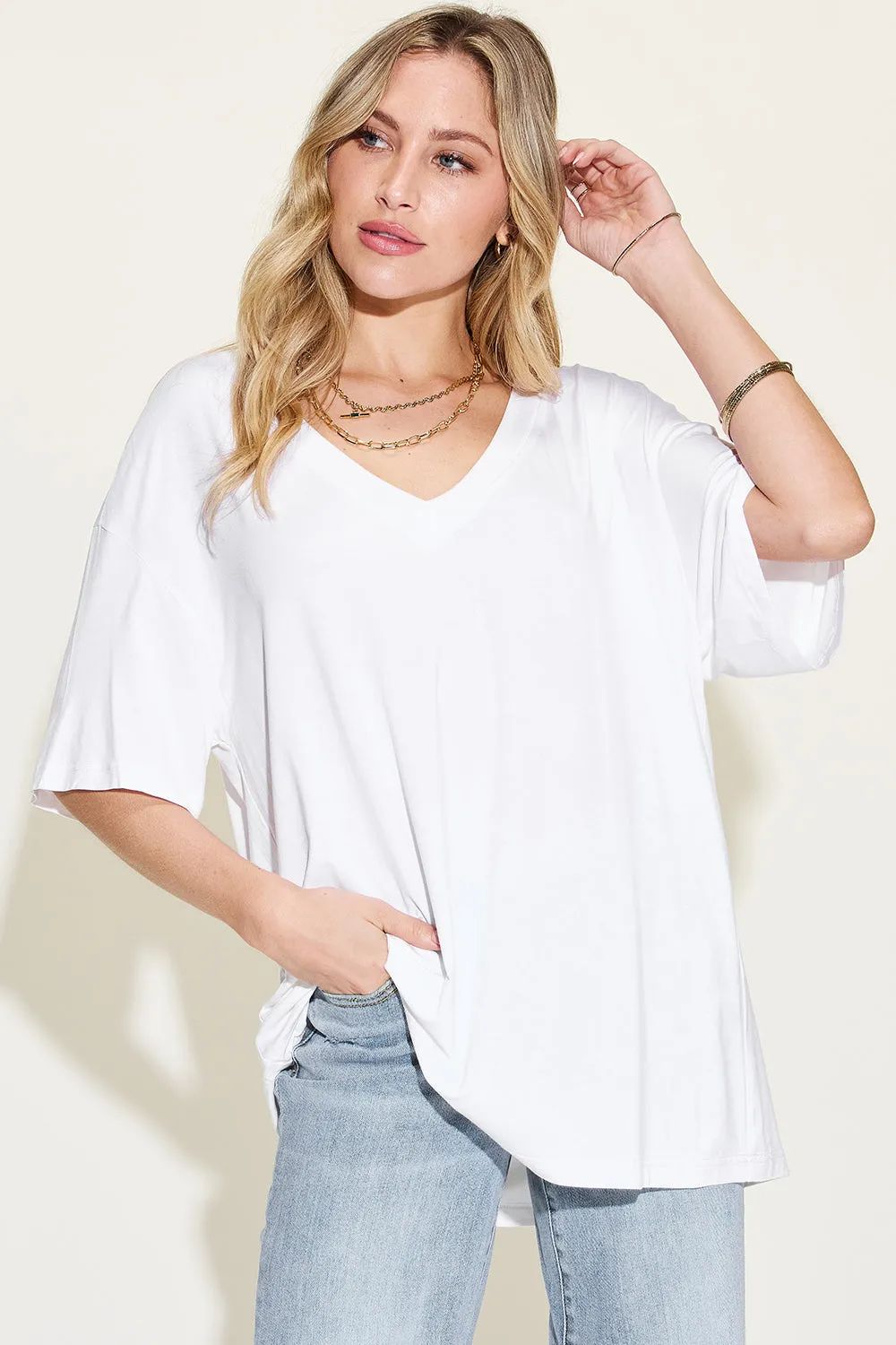 Explore More Collection - Basic Bae Full Size Bamboo V-Neck Drop Shoulder T-Shirt