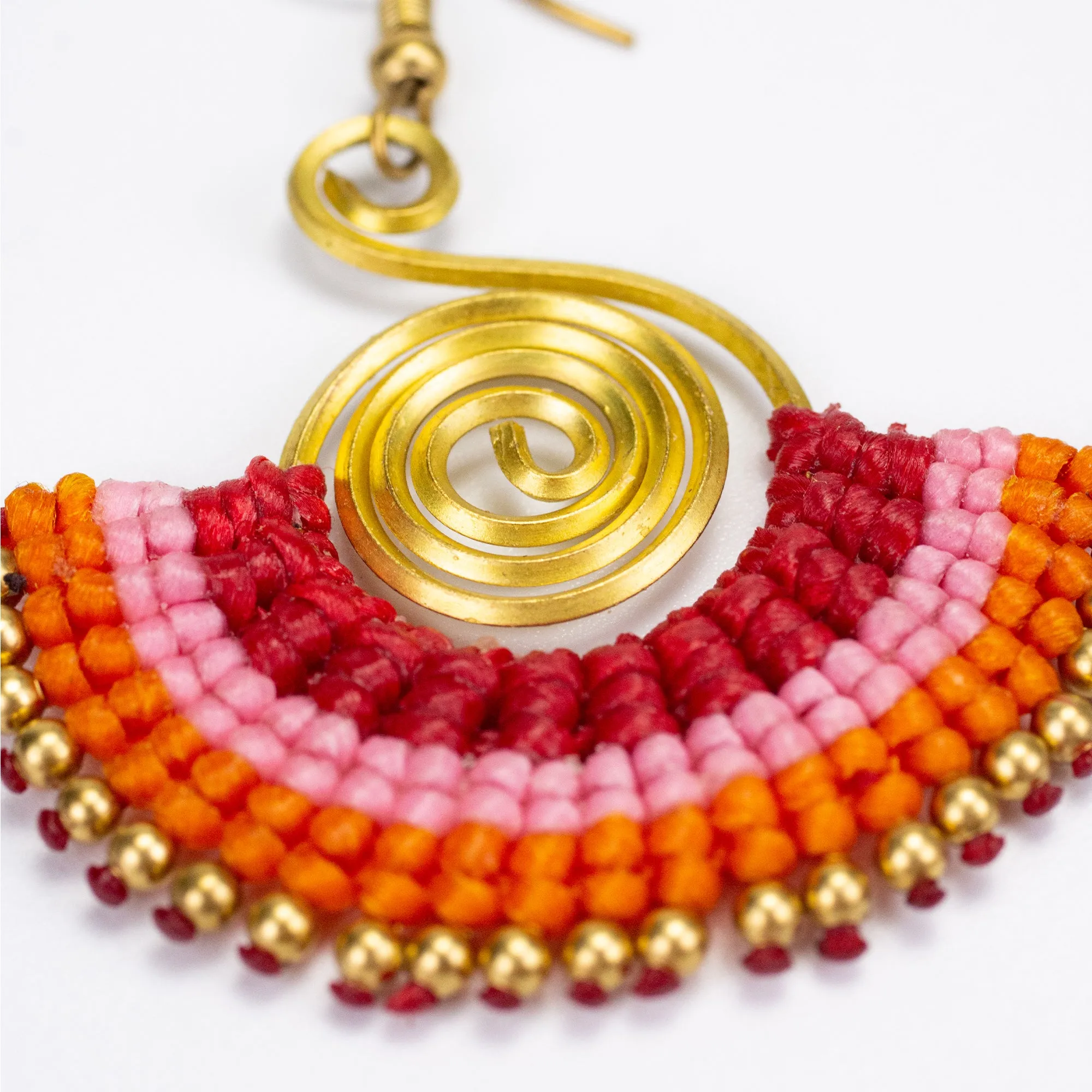 Fan Orange Pink Waxed String Spiral Brass Earrings