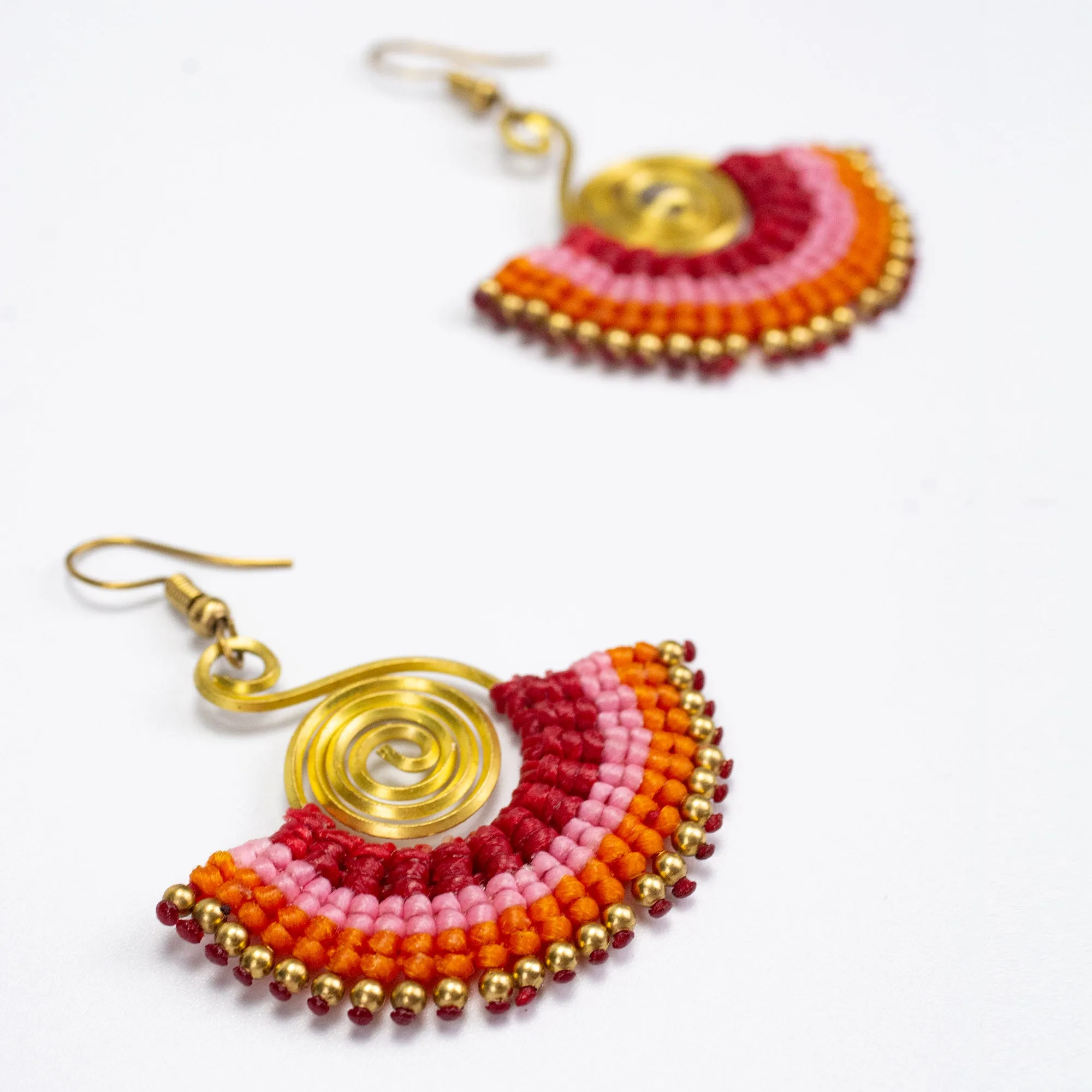 Fan Orange Pink Waxed String Spiral Brass Earrings