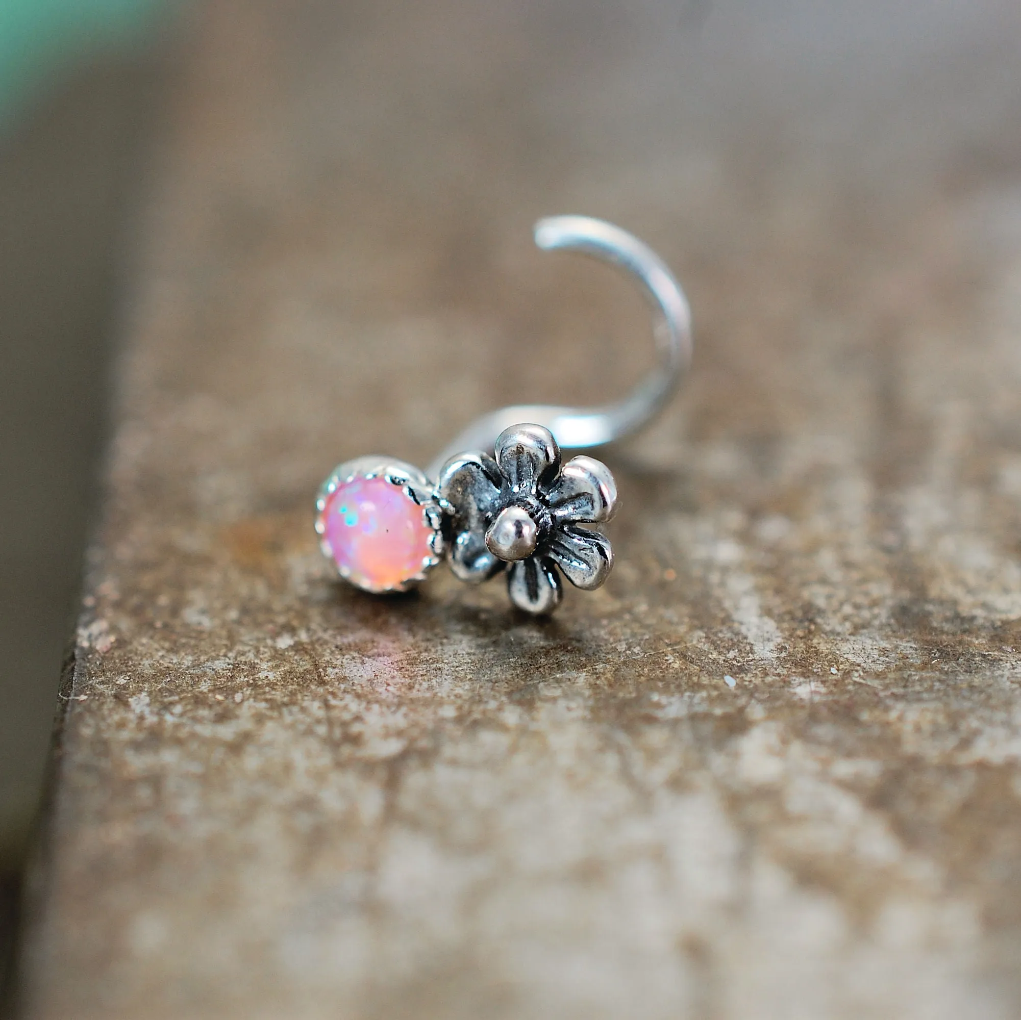 Flower with Pink Opal Nose Stud