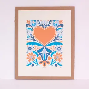 Folk heart art print, fraktur inspired art print, rectangle art for gallery wall, pink and blue wall art