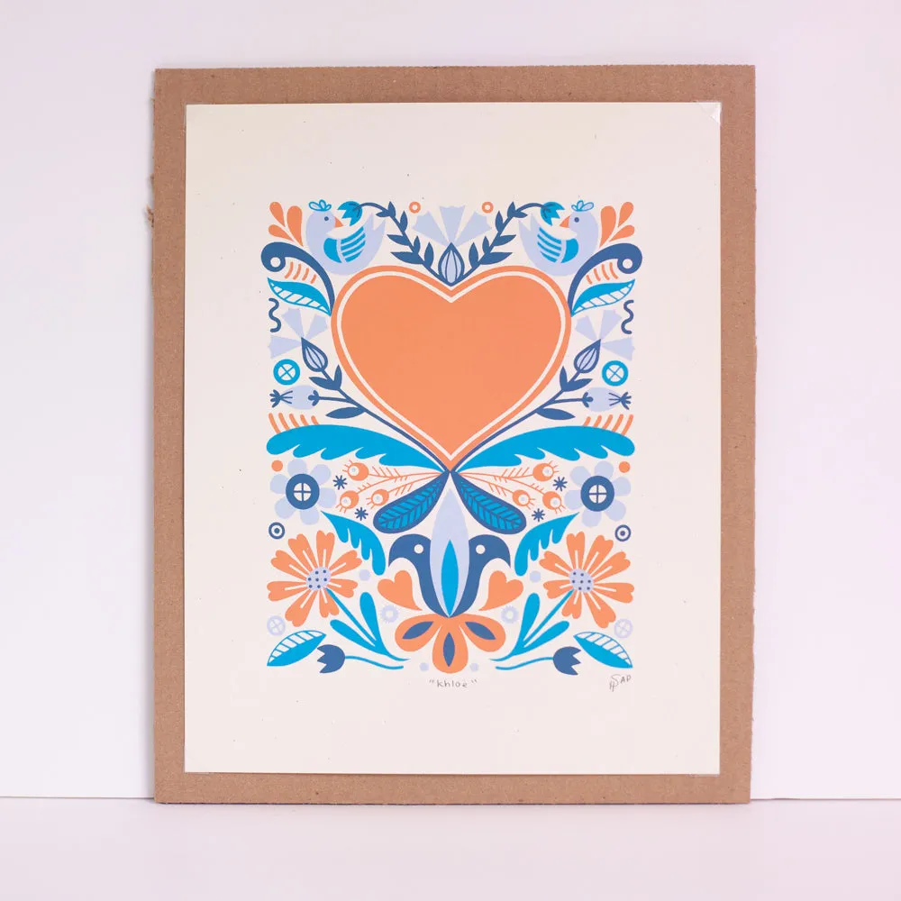 Folk heart art print, fraktur inspired art print, rectangle art for gallery wall, pink and blue wall art