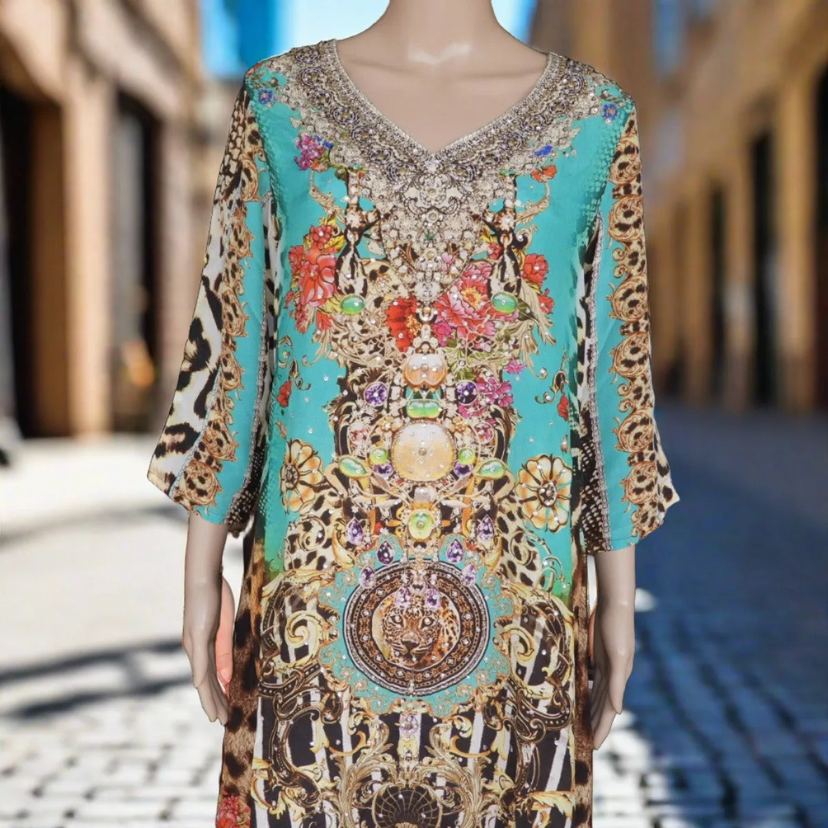 Garden Delight (Aqua) short silk embellished Tunic Dress