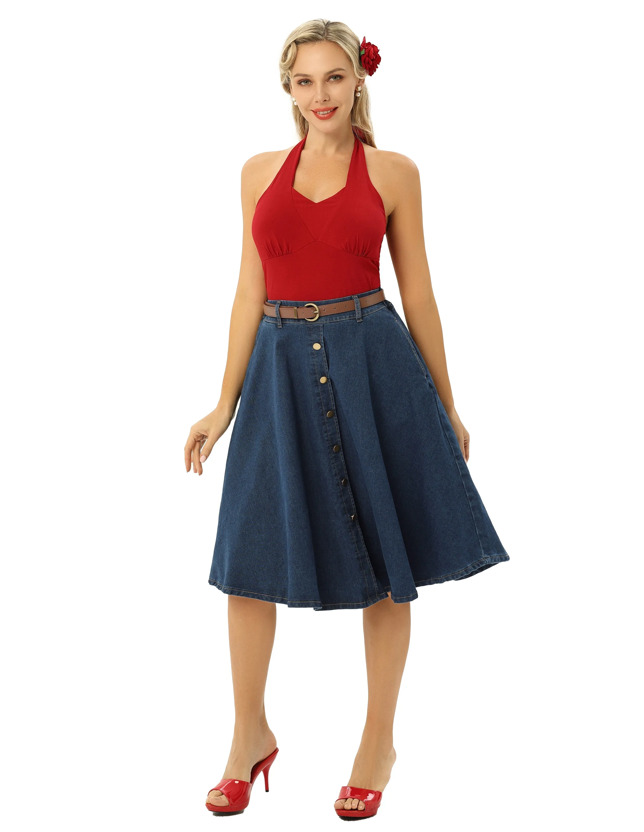 Jean Skirt with Belt Elastic High Waist A-Line Midi Skirt