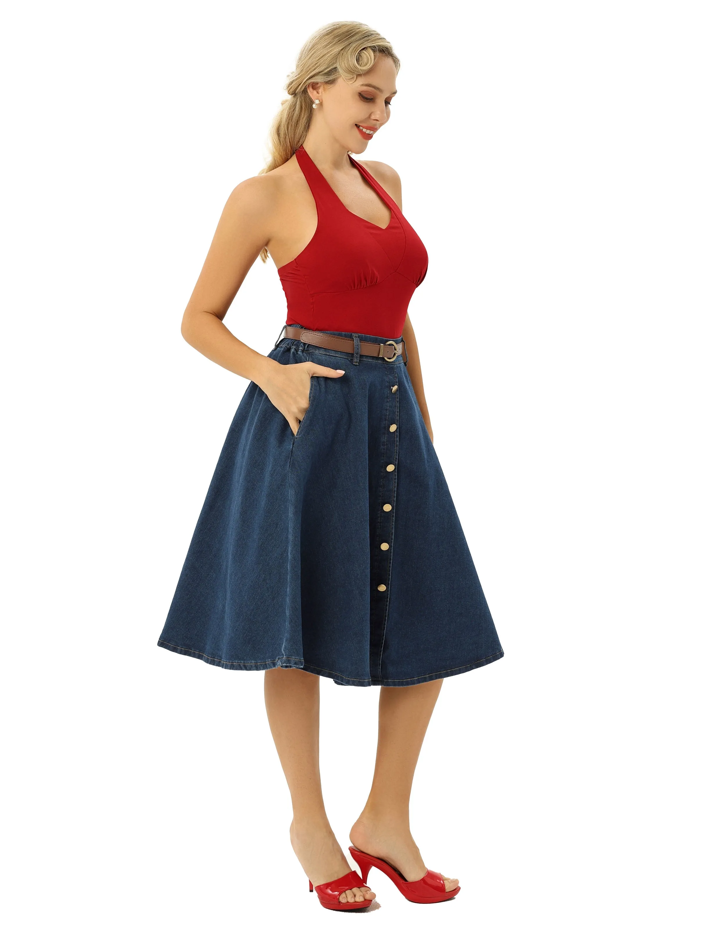 Jean Skirt with Belt Elastic High Waist A-Line Midi Skirt