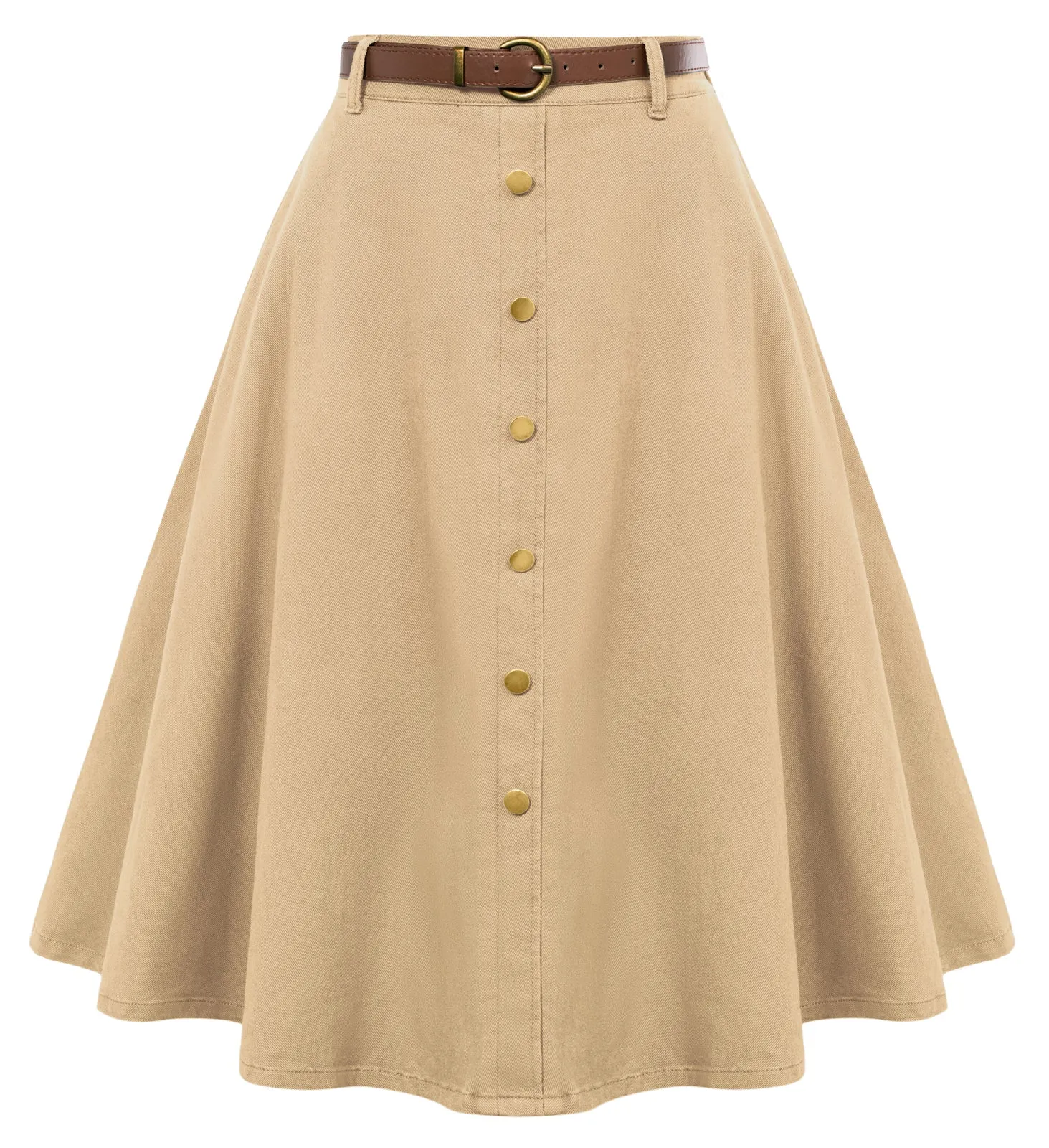 Jean Skirt with Belt Elastic High Waist A-Line Midi Skirt