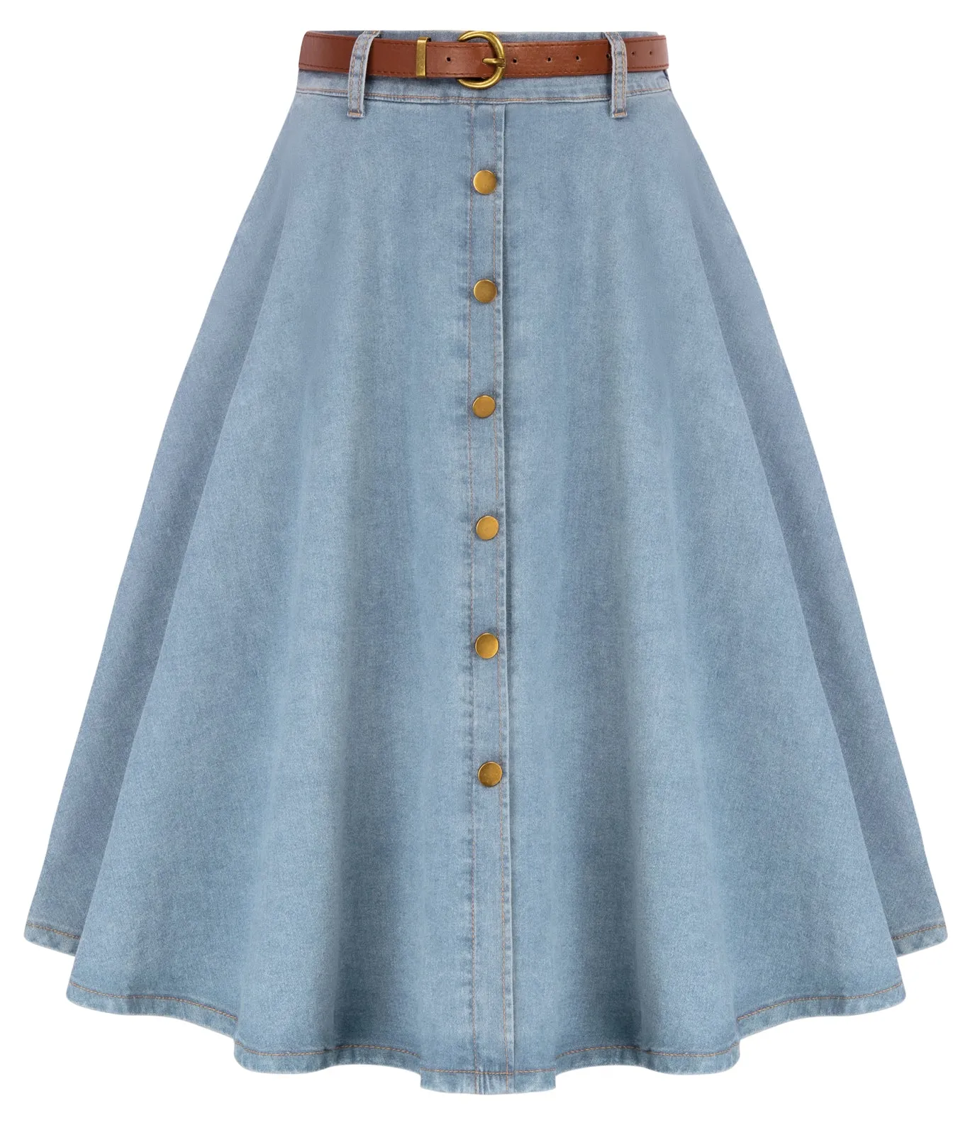 Jean Skirt with Belt Elastic High Waist A-Line Midi Skirt