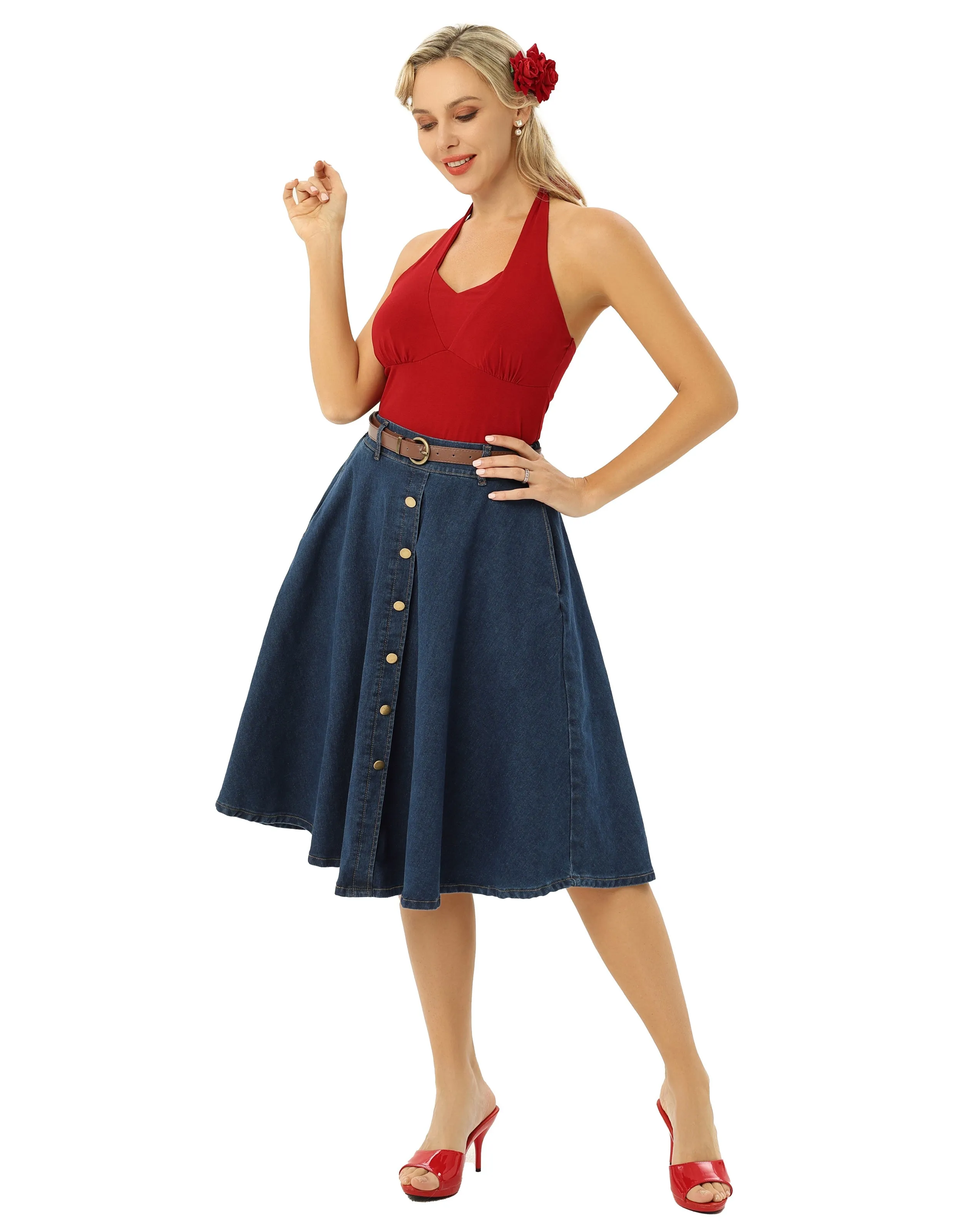 Jean Skirt with Belt Elastic High Waist A-Line Midi Skirt