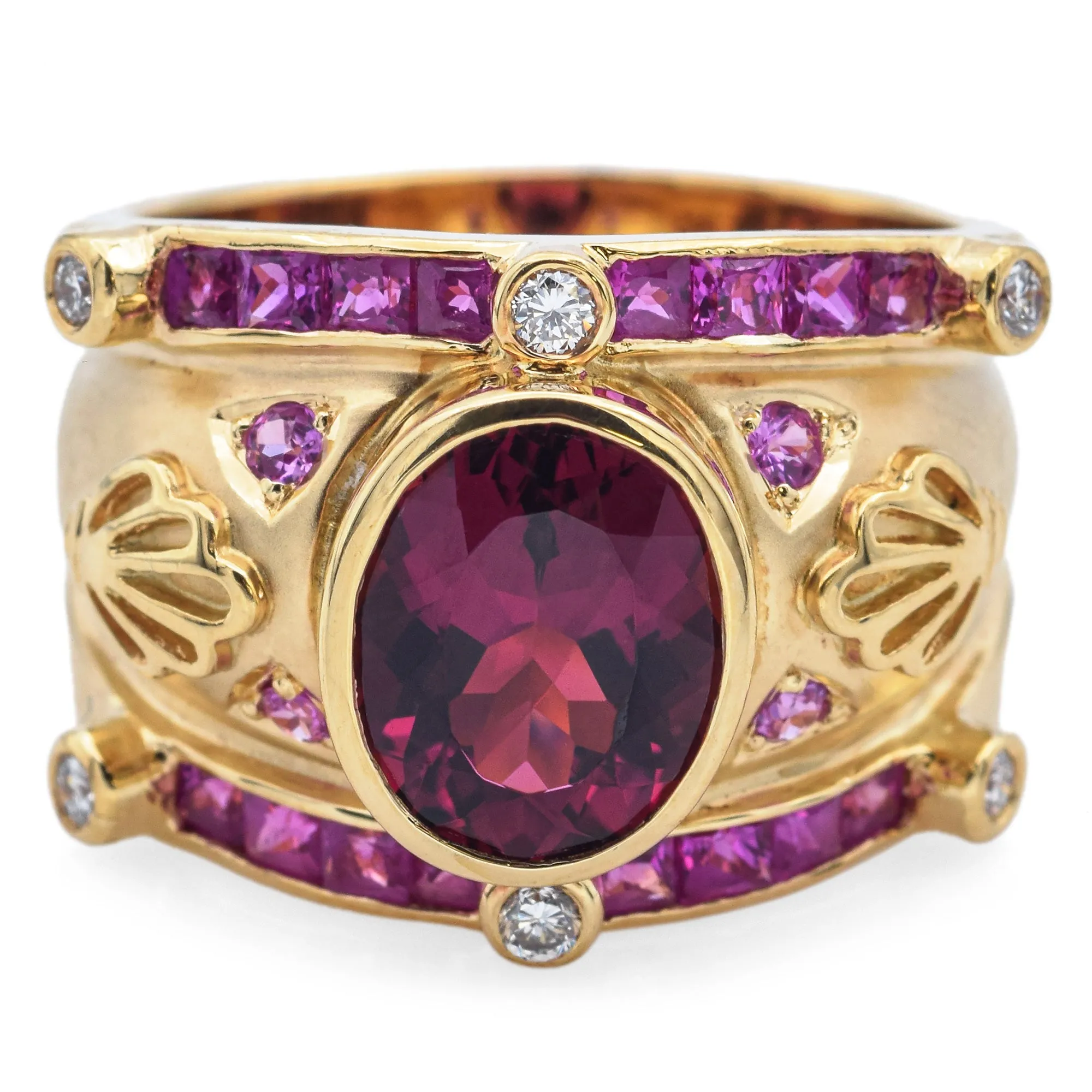 Judy Mayfield 18K Yellow Gold 2.66 Ct Pink Tourmaline, Ruby & Diamond Band Ring