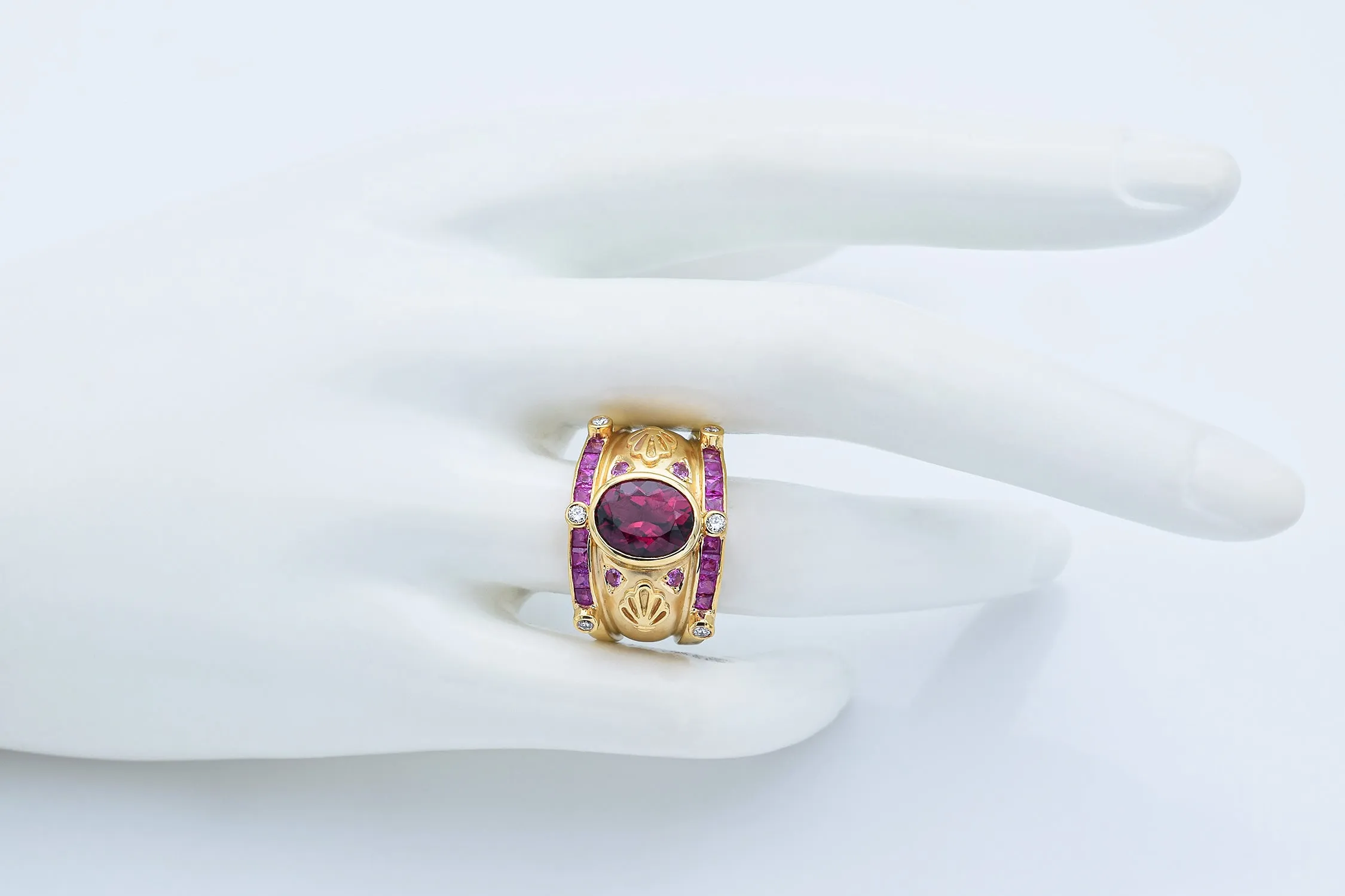 Judy Mayfield 18K Yellow Gold 2.66 Ct Pink Tourmaline, Ruby & Diamond Band Ring