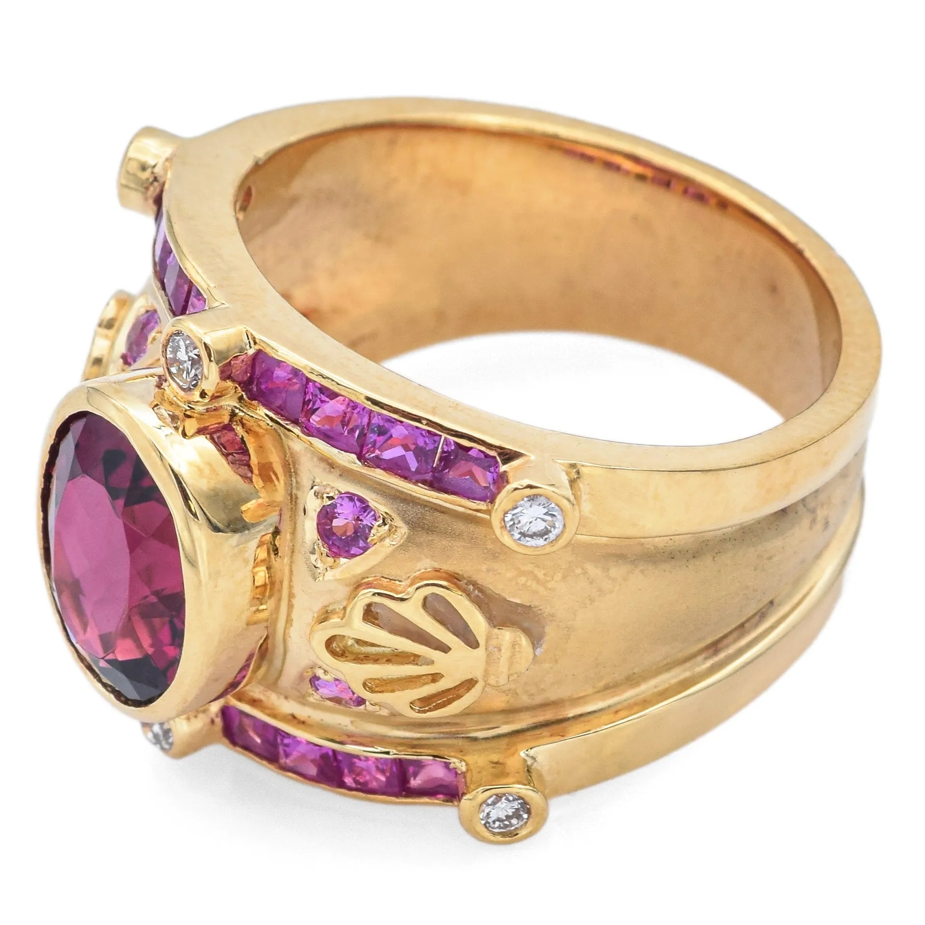 Judy Mayfield 18K Yellow Gold 2.66 Ct Pink Tourmaline, Ruby & Diamond Band Ring