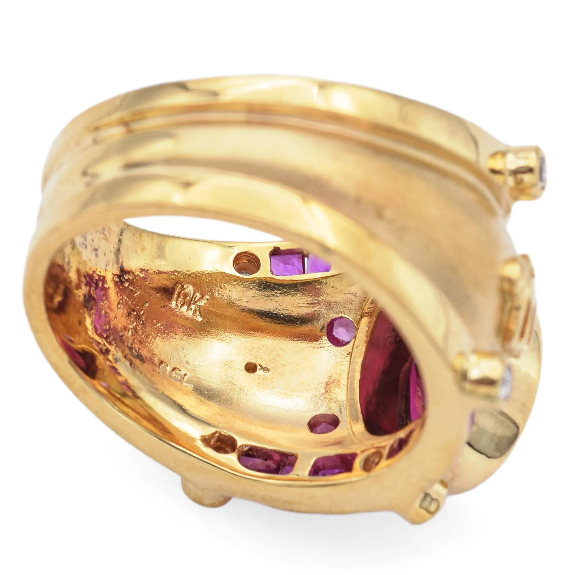 Judy Mayfield 18K Yellow Gold 2.66 Ct Pink Tourmaline, Ruby & Diamond Band Ring