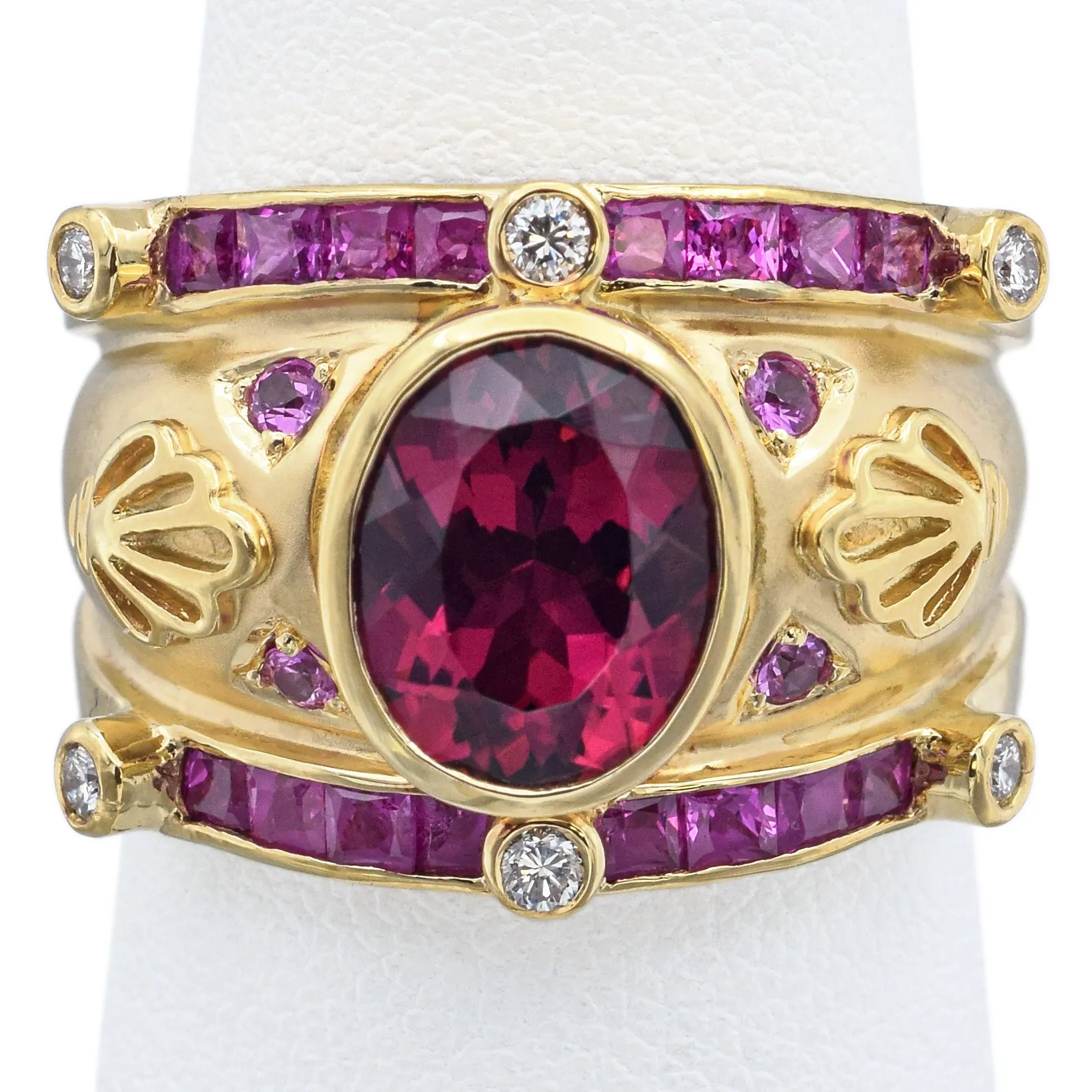 Judy Mayfield 18K Yellow Gold 2.66 Ct Pink Tourmaline, Ruby & Diamond Band Ring