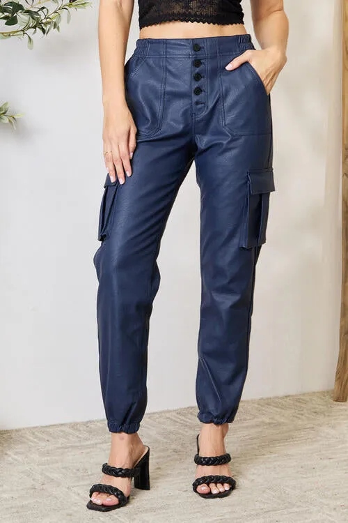 Kancan High Waist Faux Leather Cargo Joggers in Navy